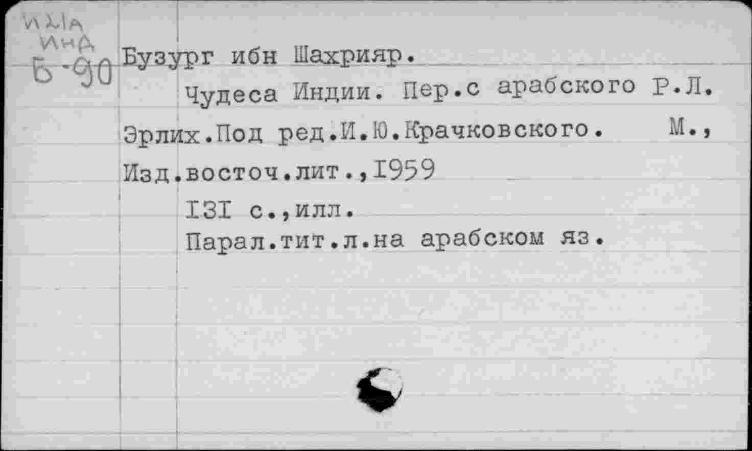 ﻿\Л Ш
Дл Бузург ибн Шахрияр._______
Чудеса Индии. Пер.с арабского Р.Л.
Эрлих.Под ред.И.Ю.Крачковского. М., Изд.восточ.лит.,1959
131 с.,илл.
Парал.тит.л.на арабском яз.